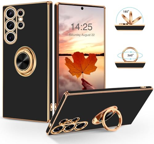 Samsung Galaxy S24 Ultra Hülle, SouliGo Galaxy S24 Ultra Handyhülle Slim weiche TPU Silikon Case Cover mit 360 Grad Ring Halter Ständer stabil Kratzfest Hülle für Samsung Galaxy S24 Ultra Schwarz Gold
