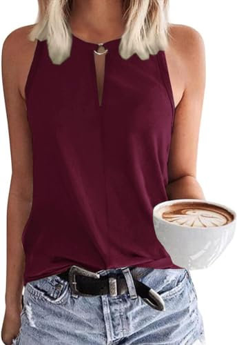 Tanmolo Damen Tank Top Ärmellos Oberteile Sommer Tanktops V-Ausschnitt Blusentop Strand Sexy Vest Top Bluse Weinrot, XL