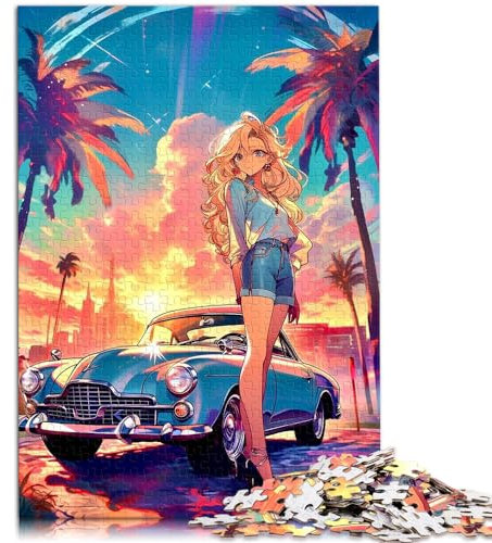 Spielgeschenk Puzzle Miami Sunset Classic Cars Puzzle 1000 Teile Holzpuzzle Wanddekoration Einzigartige Geburtstags 1000 Teile (50 x 75 cm)