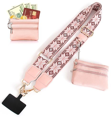Cross Body Phone Strap with Zippered Pouch, Adjustable Phone Lanyard Charm for Women, Clip and Go Strap with Wallet (Pink)