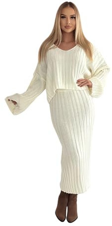 Mississhop 379 Damen Strickset mit Pullover Rock Strickpullover Strickrock Creme