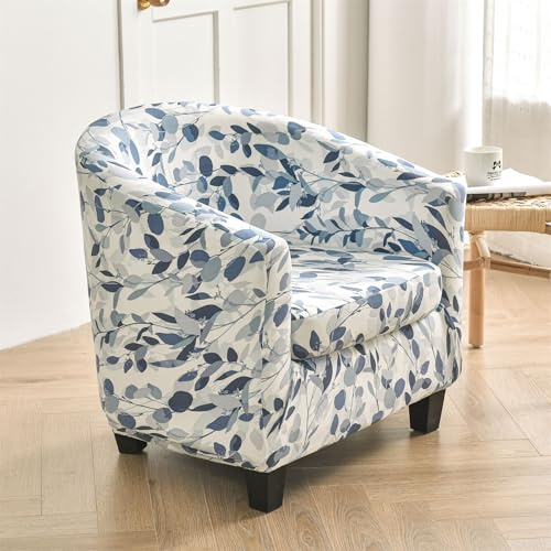 Hearda Clubsessel Bezug, Sesselbezug Cocktailsessel Bezug 2er Set Weich Stretch Sesselhusse Universal Modern Sesselüberwurf für Esszimmer Wohnzimmer Café Büro (Blau Blatt)