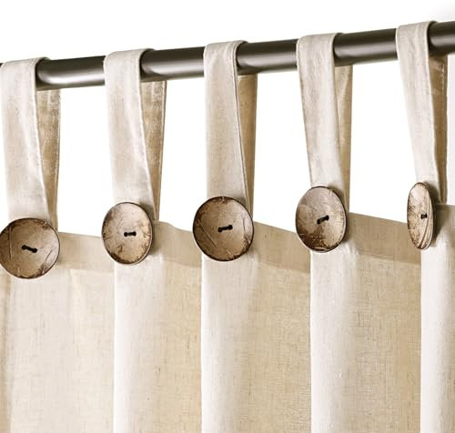 MelonBoat Tenda da doccia in lino: tenda da doccia beige con volant, 183 x 182 cm, bretelle in lino con bottoni in legno, tende da bagno rustiche per doccia domestica hotel vasca da bagno