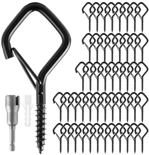 YOUNTHYE 60Pcs Screw Hooks, Black Screw in Hook with Safety Buckle, Metal Ceiling Hooks Outdoor Eye Hooks Screw in Garden Hook for Hanging Plants, Cup, Fairy Lights, Wind Chimes
