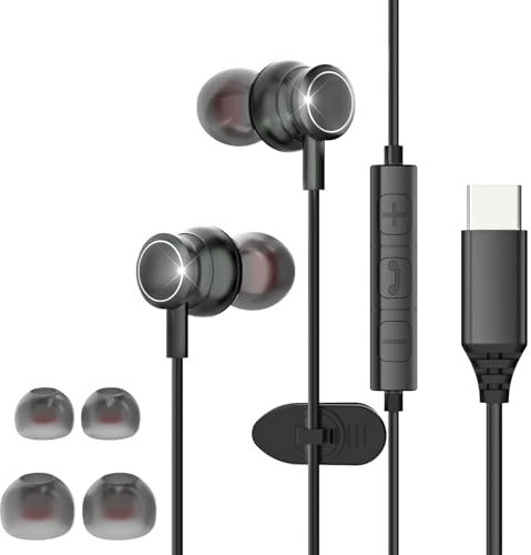 Auriculares USB C con Micrófono, in-Ear Cascos USB C HiFi Bass Auriculares con Cable Tipo C Compatible con Samsung Galaxy 24/23/22/A54/A53/A50 i Phone 16 15 i Pad Mac Book, Gris