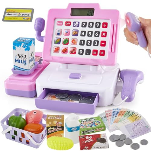 LINFUN KID Registratore di Cassa Supermercato Giocattolo con Microfono, Scanner di Suoni e Luci,Cibo Finto Giochi di Imitazione per Ragazze Ragazzi 3 Anni Rose