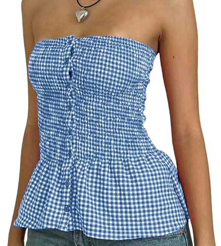 YIMAISZQ Damenweste Y2k Rot Gingham Crop Top Womean Sexy Armreifenlosen Ruffle Hem Kokette Ästhetische Plaid Print Sommer-blau-s