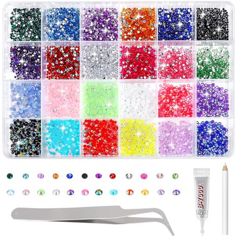 Resin Rhinestones Kits, 24 Colours 2mm and 3mm Flatback Round Rhinestones with 1 Tweezers Glue Pen, Bedazzling Kit Non Hotfix Crystal Gems for Nail DIY Crafts Face Tumblers Mugs