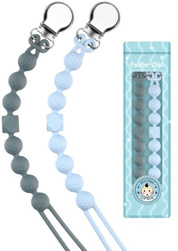 Yolnkos Catenella Portaciuccio Silicone Ciuccio Clips Catena Succhietto Catenelle per Ragazzi Ragazze Regalo per Baby Shower Deisgn a Pezzo Unico 2 Pezzi(Grigio,Blu)