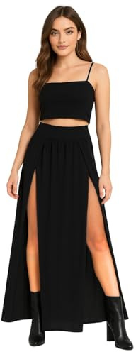 janisramone® Womens High Waisted Double Split Skirt, Plain Stretchy Summer Maxi Skirt, Stylish Long Skirts for Women UK, Side Slit Party Wear Black Skirts