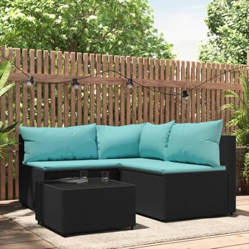 Hoopleep 4-TLG. Garten-Lounge-Set, Schwarz Poly Rattan, mit Kissen, modular, wetterfest, für Terrasse & Balkon, 63x63x57,5 cm, Bequeme Sitzgruppe für den Außenbereich