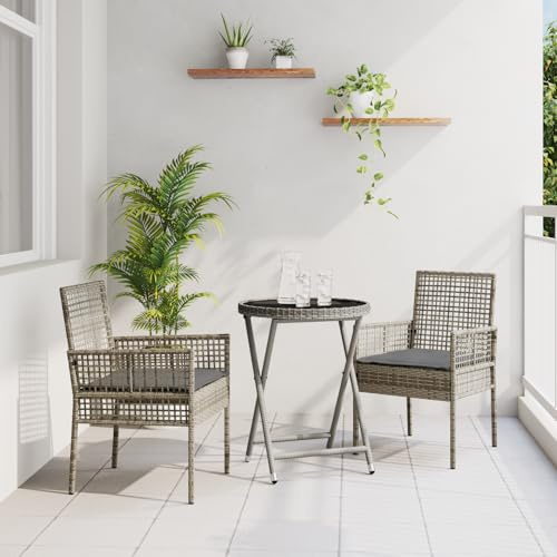 IBUQDDV 3-TLG. Garten-Bistroset mit Kissen Grau Poly Rattan, Faltbarer Tisch und Stühle für Balkon und Terrasse, rustikales Design mit pulverbeschichtetem Stahlrahmen,