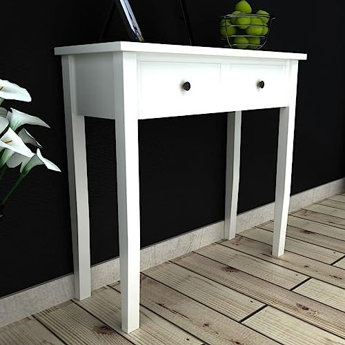 Mhdvray Table console blanche 79 x 30 x 74 cm en MDF et pin avec 2 tiroirs - Buffet moderne peu encombrant - Pour couloir, salon, chambre à coucher