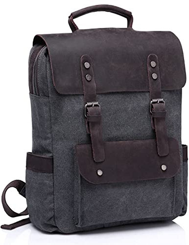 VASCHY Rucksack Herren, 15.6 Zoll Laptop-rucksack Schulrucksack Vintage Leinwand Leder Daypack,Grau