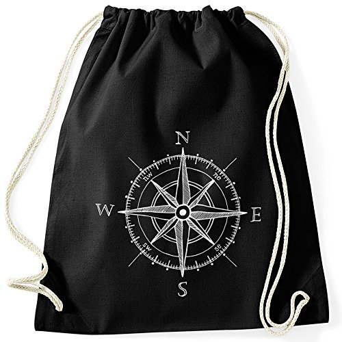 MoonWorks Turnbeutel Wind-Rose Kompass Hipster Beutel Tasche Sportbeutel Gymsac Gymbag schwarz Unisize
