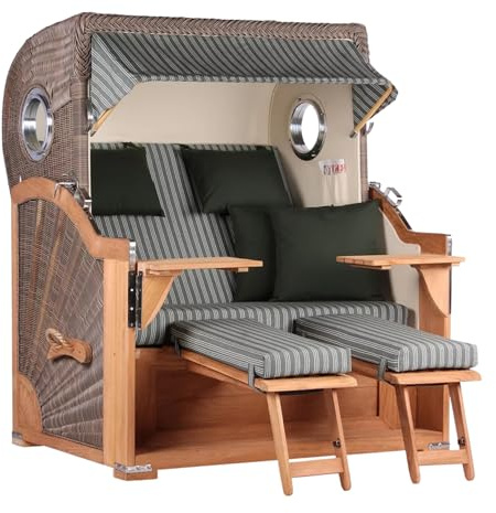 MR. DEKO® Strandkorb Baltikum 2,5-Sitzer Teak | PE Geflecht Grey | Volllieger Strandkörbe aus Teakholz mit 2 Bullaugen & Fußablagen | Polster mit 4 Kissen | Strandstuhl (Dessin 504)