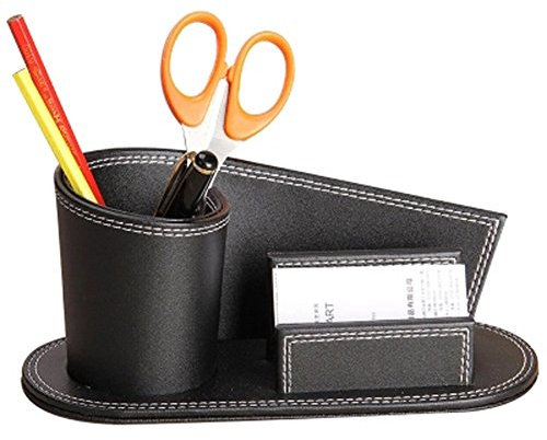 Pot Carré à Crayons Bureau en PU Cuir Multifonctionnel Boîte/Panier de Rangement Cosmétique Maquillage Stockage Cartes de Visite Porte Stylo Classique Pratique pour Bureau Maison, Noir-Rond