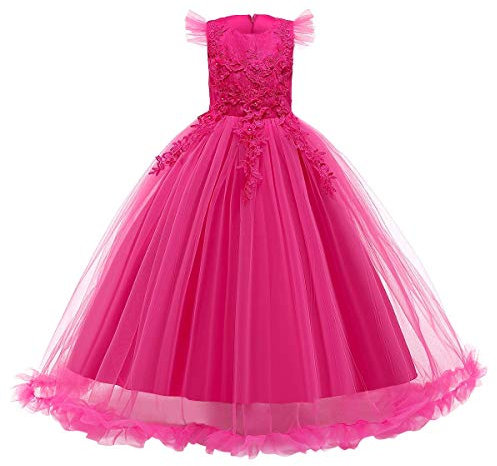 FYMNSI Vestito Elegante da Ragazza Bambini Bambina Fiore Ragazze Pizzo Principessa Lunghi Abiti per Festa Cerimonia Matrimonio Damigella d'Onore Sposa Battesimo Carnevale Cocktail Prom Rosa 7-8 Anni