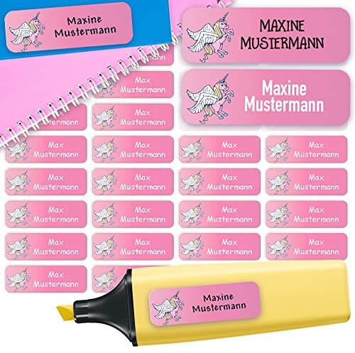 Sunnywall® Namensaufkleber Kinder Schule Einhorn Aufkleber Namensetiketten | 60 Stück Klebeetiketten zum Beschriften 4,8x1,6cm Kita Schulanfang | wasserfest