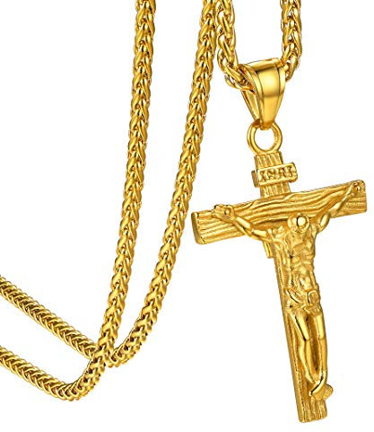 GOLDCHIC JEWELRY Gold Crucifix Necklace for Men Women, Jesus Cross Pendant INRI with Gold Chain