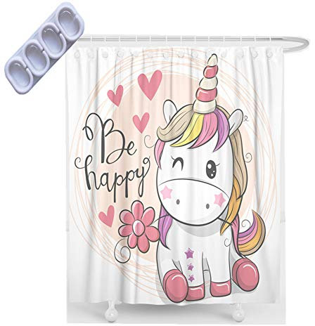 Blumen Einhorn Mädchen Ballon Duschvorhänge Schimmel Beweis Beständig, Duschvorhang mit Plastik Haken, Grau Pferd Tier Duschvorhänge Polyester Wasserdicht (Weiß, 180 x 200cm)