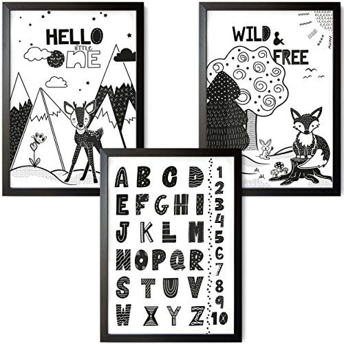 TOBJA® Hochwertiges Poster Set Kinderzimmer - Premium A4 Wandbilder als Babyzimmer Deko | Kinder Wanddeko Reh & Fuchs & ABC Zahlen lernen | 3er Set Skandinavisch Kinderposter Tiere (SW ohne Rahmen)