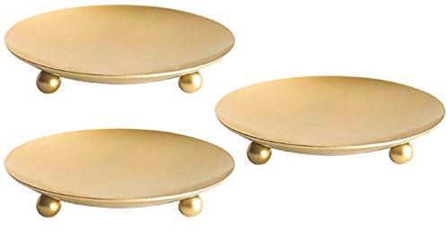 BESPORTBLE 3pcs Rustic Iron Plate Candle Holder 9.5cm Round Iron Plate Gold Candle Holders for Pillar Candles, Pedestal Candle Stand for LED & Wax Candles, Spa, Weddings