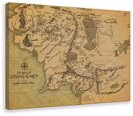 Poster Herr der Ringe – Mittelerde, Landkarte für Zimmer, Wohnzimmer, Dekoration, Poster, Ölleinwand, Kunstdruck, moderner Druck, 40 x 60 cm, Rahmen