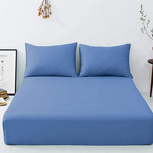 Extra Deep Fitted Sheet 40cm 16 Inch - Non Iron Easy Care Soft Brushed Microfibre Fabric Shrinkage and Fade Resistant, Double - Mid Blue