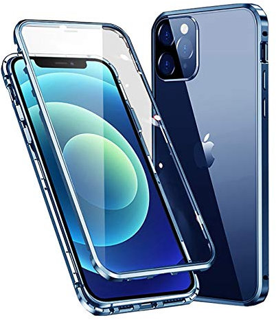 MOSSTAR Case for iPhone 12 Mini Magnetic Cover 360 Degree Full Body Protective [with Camera Lens Protection] Metal Bumper Front and Back Transparent Tempered Glass Flip Case, Blue