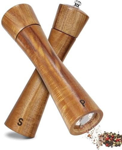 BEZORR Salt and Pepper Grinder Set Adjustable Ceramic Grinders 2 Piece 8 Inches Acacia Wooden Salt & Pepper Mills with Spoon and Brush, Brown