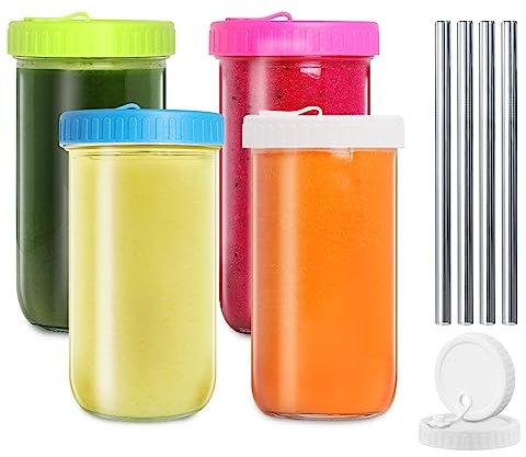4 Pack Glass Cups Set - 22 oz Mason Jar with Multicolor Lids and Straws, Reusable Iced Coffee Cup Wide Mouth Bubble Cups, Smoothie Bobo Cup, Tumbler Drinking Bottle for Pearl Tea,Juice,Smoothies