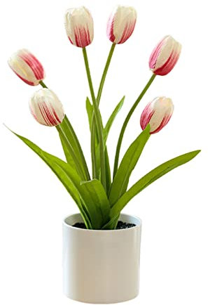 WERTSWF Künstliche Tulpen im Topf, 6 Tulpen, kleine Topfpflanze für Hotel, Fensterbank, Schreibtischdekoration