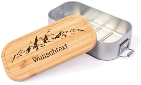 Lunchbox Dose XL Berge Alpen Wunschtext Name Brotdose Personalisierte Erinnerungskiste Holzbox Bambus (kleine Dose)