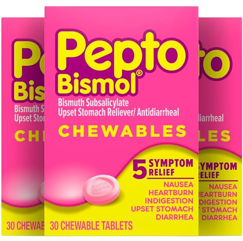 Pepto Bismol Chewable Tablets, Upset Stomach Relief, Nausea Relief, Heartburn Relief, Indigestion Relief, Anti Diarrhea Medication for Adults - 5 Symptom Relief, 90 Chewable Tablets (3x30 ct)