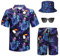 Harloon 4-teiliges Herren-Hawaii-Hemd und Shorts-Set, Strand-Outfit, Palmendruck, Halloween, tropischer Anzug mit Fischerhut, Sonnenbrille, Palmenblatt, Large