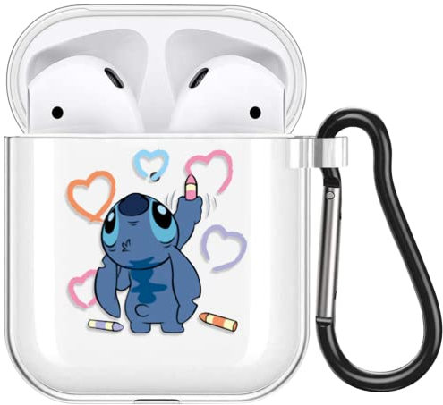Schön Anime Karikatur Hülle für Airpods 1 & 2 Hülle, Transparent Weiche Silikon Schutzhülle mit Süßes Stitch Muster Stoßfest TPU Case Kompatibel mit AirPods 2/1, 05