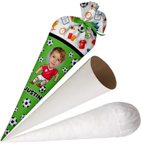 Ferocity Schultüte Fußballspieler mit Namen und Foto für Jungen, Personalisierte Foto Tüte, aus Stoff, 70 cm Zuckertüte mit Papprohling und Füllung, große Tüte als Kissen [149]