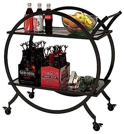 POCHY Mehrzweckwagen, 2 Etagen, runder Servierwagen, Rollwagen aus Eisen und Glas, Getränkewagen mit Rädern, Barwagen, mobiler Aufbewahrungswagen