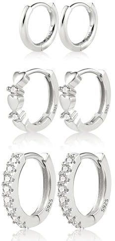 Kleine Silber 925 Creolen Ohrringe Set Damen: 3 Paar Hypoallergene Huggie Ohrringe mit Glänzenden Herzförmigen Zirkonia - Schmuck Geschenke für Mehrere Piercings