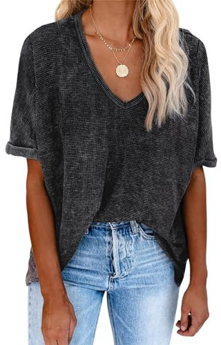 Dokotoo Womens Tops Summer V-Neck Short Sleeve Women's T-Shirts Oversized Loose Fit Tee Solid Color Cotton Waffle Knit Ladies Tshirts Top Gray L