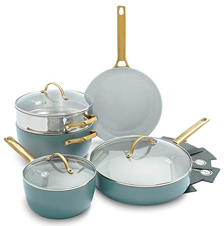 GreenPan Padova Reserve Batterie de Cuisine Antiadhésive en Céramique Saine Anodisée Dure,10 pièces,Avec Poêle,Sauteuse et Casserole,Sans PFAS,Induction,Poignée Dorée,Lave-Vaisselle,Four,Bleu Fumé