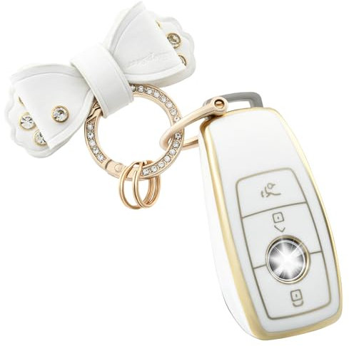 OFF WE GO Coque de Clé Voiture pour Mercedes Benz Accessoire Clé de Voiture avec Porte-clés pour Klasse A B C E S CLA CLS GLA GLS GLE GLC GLK SL SLC SLS SLK Coque Protection Clé Voiture, Or Blanc