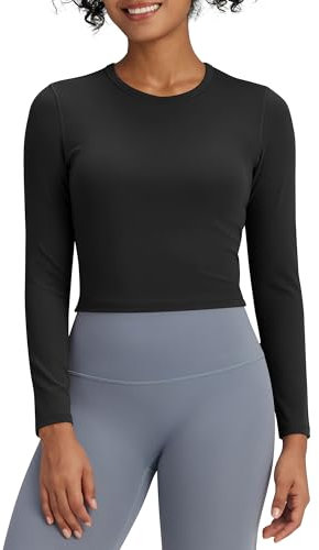 G4Free BareFeel Long Sleeve Tops Women Activewear Shirts Sports Slim Fit Crop Tops Athletic Gym Yoga Shirt Cropped Basic Tight Shirts(Black,L)