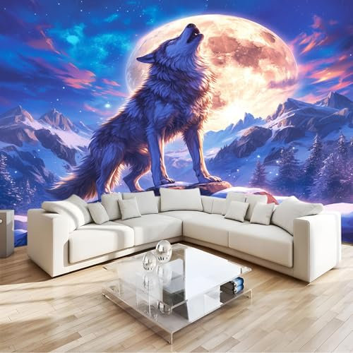 Papier Peint 3D Animal Loup Montagne De Neige Intissé Fresque Murale Moderne, Pour Salon Chambre Bureau Fond Tv Décoration Intérieure400 X 280 Cm