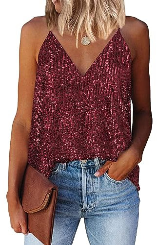 AirMood Frauen Sexy V-Ausschnitt Sparkle Shimmer Tank Westen Pailletten Tops Las Vegas Disco Pailletten Tank, burgunderfarben, L
