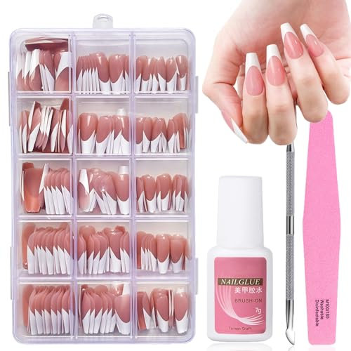 Press on Nails - 240 Pcs French False Nails Coffin - French Tip Nude Pink Color False Nail Kit - Long Full Cover Stick on Nails Nail Art Manicure Decorations for Girls Women