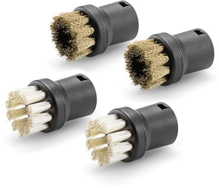 Kärcher power brush set with 4 round brush attachments for tackling stubborn dirt around the house, including 2 brass brushes and 2 power brushes. Original accessory for Kärcher steam cleaners.