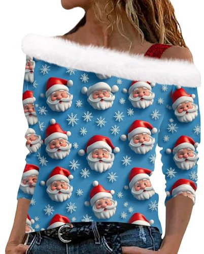 Topassion Off Shoulder Halloween Pullover Damen 3D Druck Plüsch Schulterfrei Langarm Pulli Mit Glitzer Schulterriemen Xmas Pullover Halloweenpulli Mädchen Sweatshirt Herbst Langarmshirts(Blue,S)