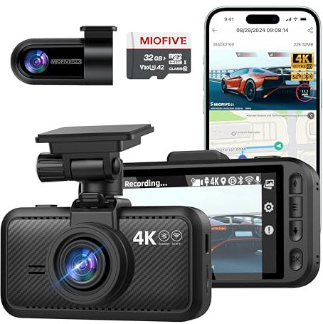 Miofive DUAL Dash Cam Front and Rear, FREE 32GB Card Included, 5G Wi-Fi - up to 20MB/s Fastest Download Speed with App, 4K 2160P/QHD Dash Camera for Cars, 3 IPS, 24H Parking Mode